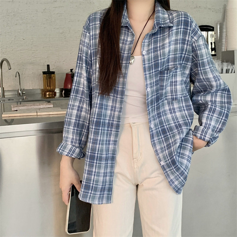 春季日系宽松格子上衣拼色长袖衬衫女防晒外套打底衬衣中长款大码