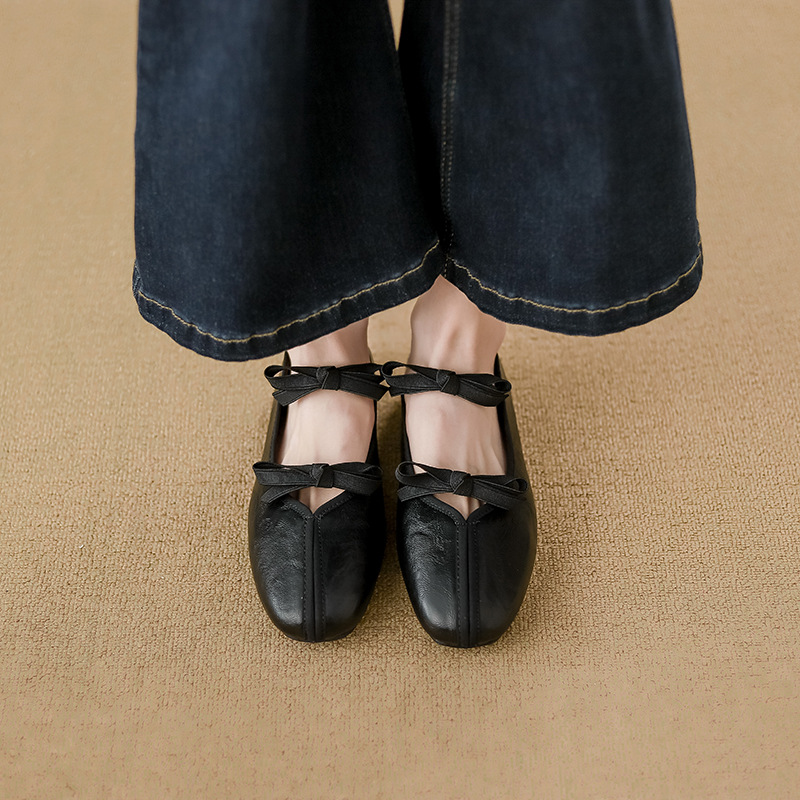 Soft Leather Version~ Square Toe Retro Bow Mary Jane Shoes For Women, Slip-On Low Heel French Ballet Style Flats_vogvips.com