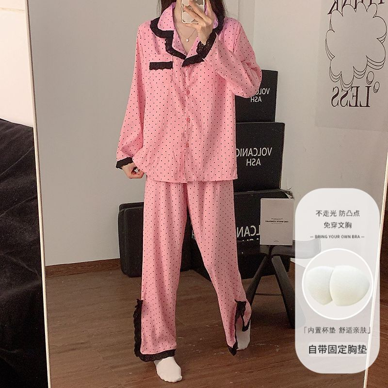 Pijamas al por mayor transfronterizos de mujer encaje cojín de pecho nubes de algodón manga larga pantalones abiertos pueden salir a casa conjunto de ropa