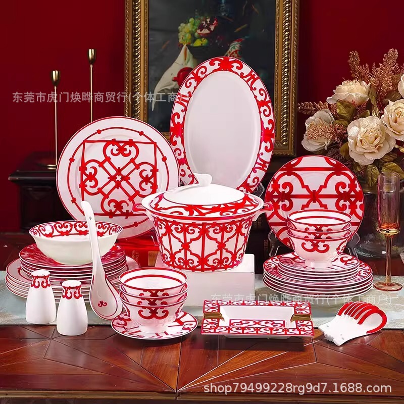 European-style bone china Chinese red tableware set, light luxury home gift ceramic bowl, plate, cup, and saucer combination, direct from the factory European-style bone china Chinese red tableware set, light luxury home gift ceramic bowl, plate, cup, and saucer combination, direct from the factory