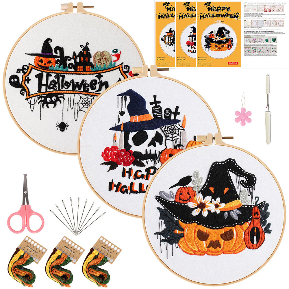 Original nuevo paquete de materiales bordados DIY hechos a mano 2025 Halloween calabaza gato murciélago transfronterizo inglés