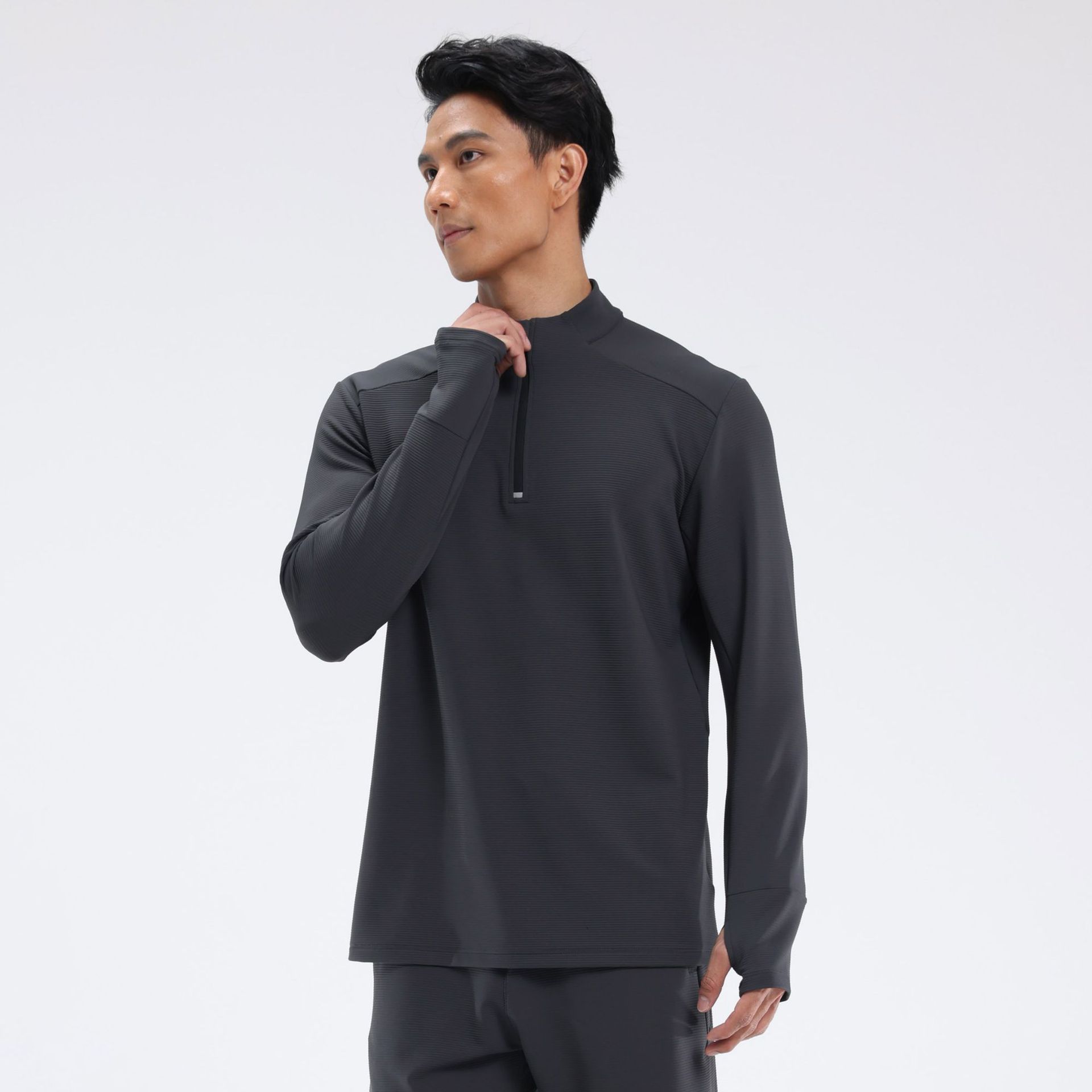 Texture Sense Half-placket Sports Long-sleeved Collar Slim Fit Fingers Fitness High-elastic Base Training Quick-drying T-shirt for Men