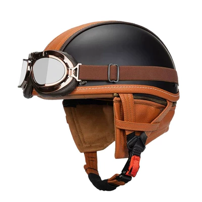 Motosiklet kaskı (dəbilqə) – Scoop Helmet Adult Handmade Leather Helmet - matte-black-orange-peel-bronze-mirror-silver-surface-s