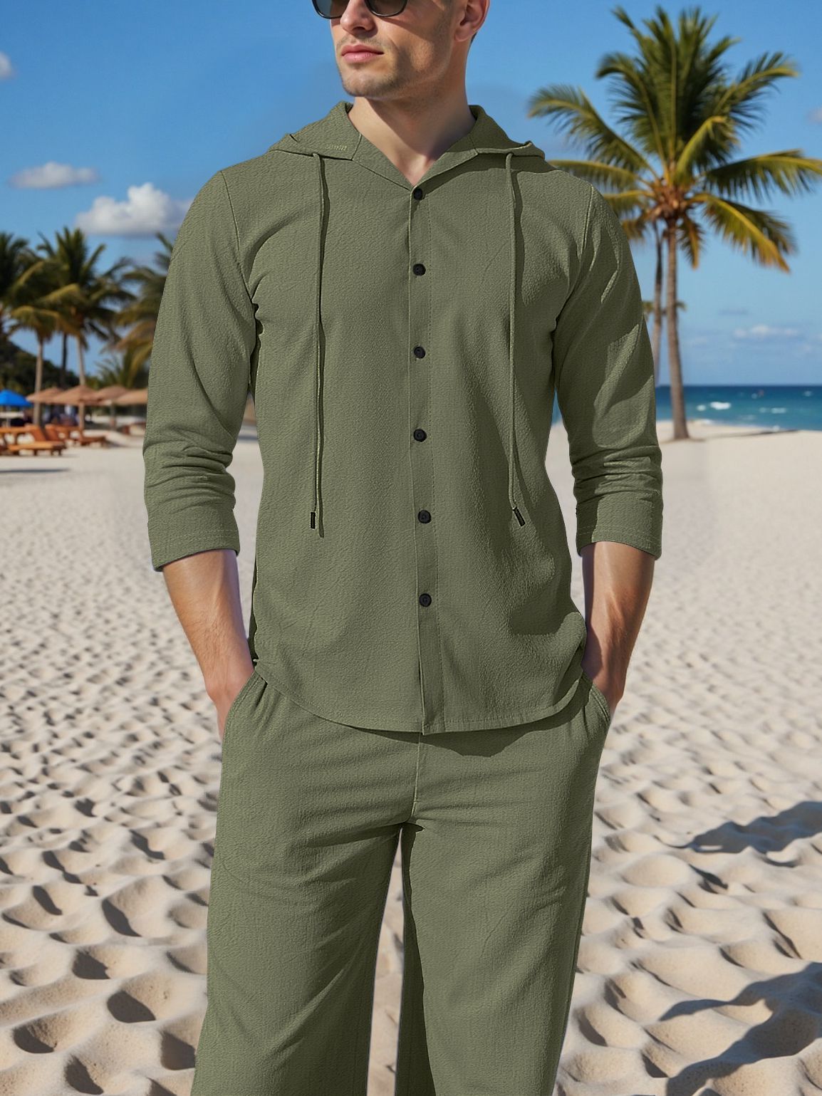 Men's Linen Hooded Shirt & Pants Set - Relaxed Fit Casual Outfit For Spring & Autumn (Beige/Gray, S-XXL) | Breathable Natural Fiber Lounge Wear_voghion.com