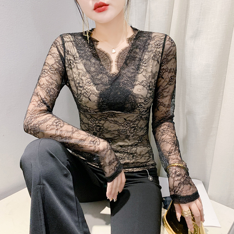 Autumn and Winter New French Style Chic Eyelash Lace Fashionable Stylish Bottoming Shirt V-neck Slim-fit Slimming Long-sleeve Women's Fashion