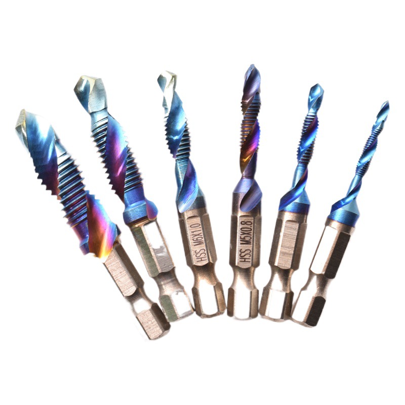 Máquina azul espiral de perforación de acero de alta velocidad y roscado integrado compuesto grifo herramienta de perforación hexagonal mango taladro de torsión