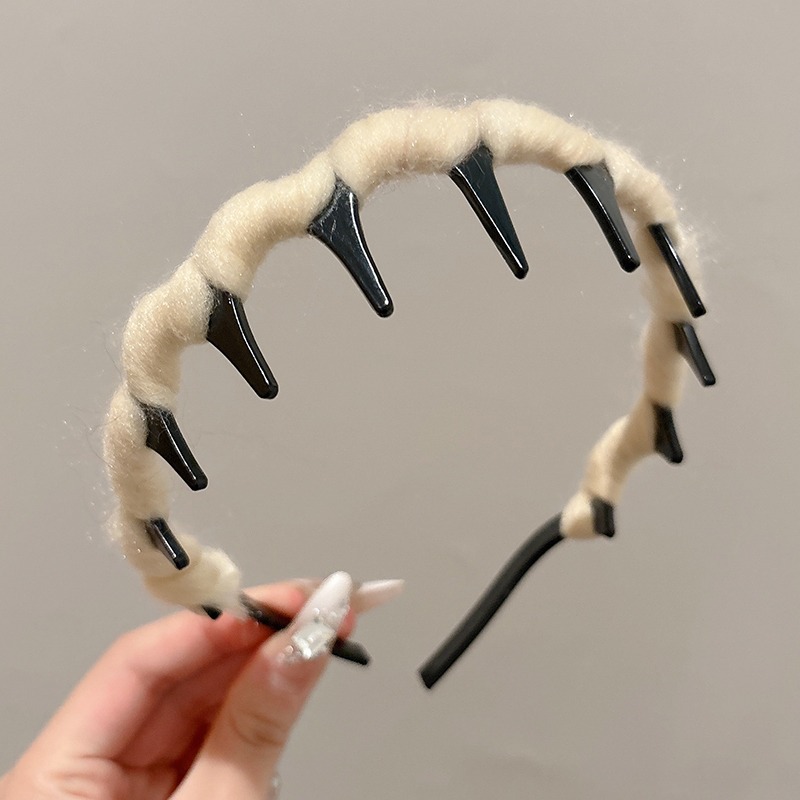 Alto cráneo de lana ondulado banda de cabello para mujeres lavado de cara maquillaje especial banda de cabello con dientes antideslizante acabado de cabello agrupado tocado