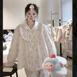 2026女春季全棉双层纱蓝色碎花娃娃领蕾丝花边甜美睡衣家居服套装