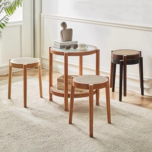 Scandinavian Thickeneded Solid Wood Rattan Stool Home Dining Stool Stackable Modern Simple Dressing Bench Shoe Changing Small Round Stool