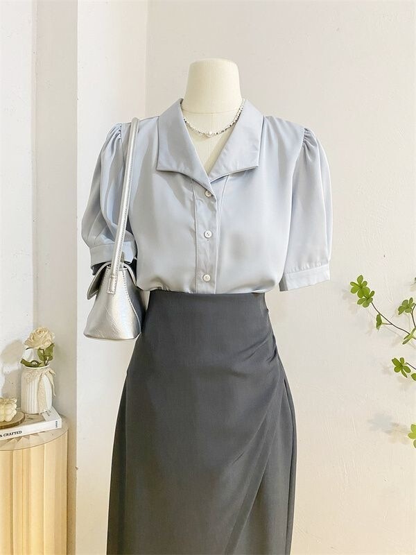 French-style chic satin blouse with a unique collar and puff sleeves, women's 2026 summer collection, high-end acetate top, short-sleeved shirt for work