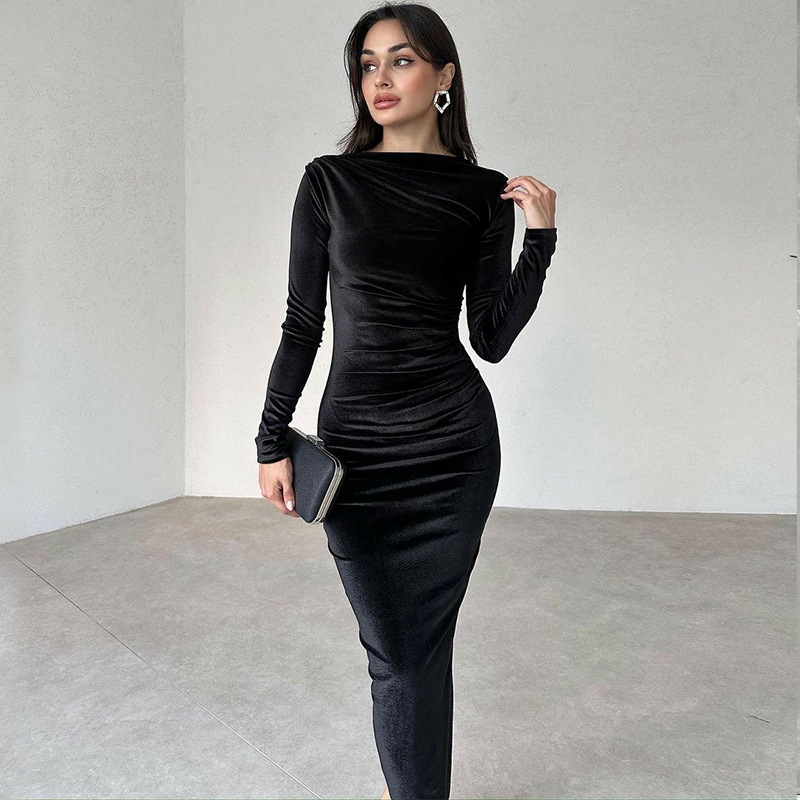 462g Weight Midi Dress Dress Length Type Long Sleeve Sleeve Length Velvet Dress Dresses Type Spandex, Polyester Fabric Type Mid Waist Waist Line Banquet, Evening Party Occasion Round Neck Neckline Slim Fit Type Solid Color Pattern Spring Season Women's Gender Elegant Style Wholesale Women's Elegant Solid Color Banquet Evening Party Round Neck Long Sleeve Velvet Dress 12