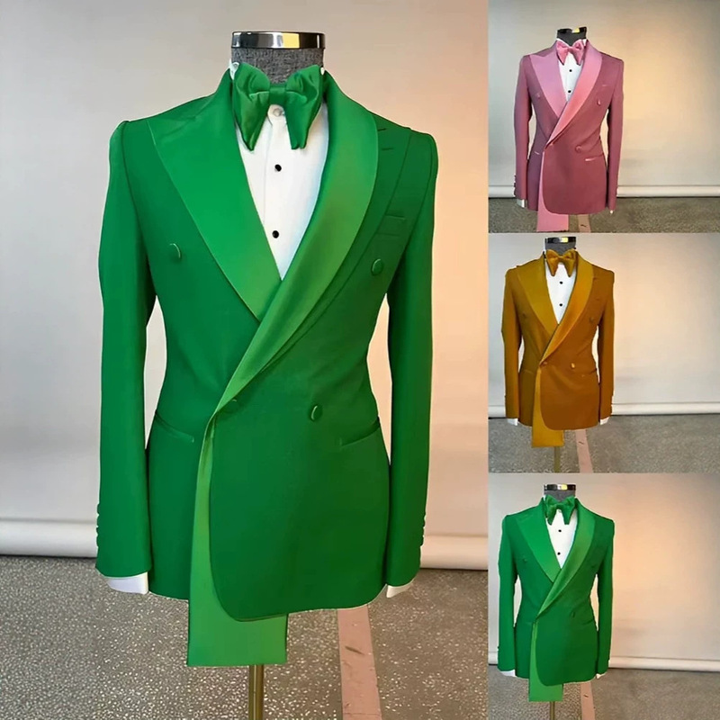 Men's Large Size Single-Breasted Double-Row Button Solid Color Suit Jacket for Export, High-End Green Coat
