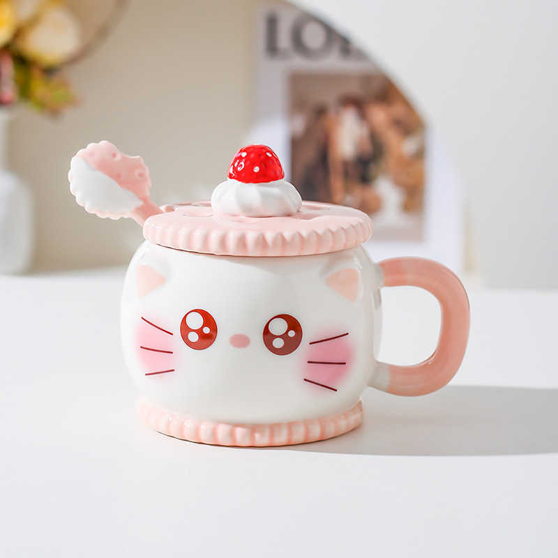 Creativa encantadora caricatura de cerámica taza de regalo rosa de corazón de niña taza de agua con cuchara de cerdo taza de gato