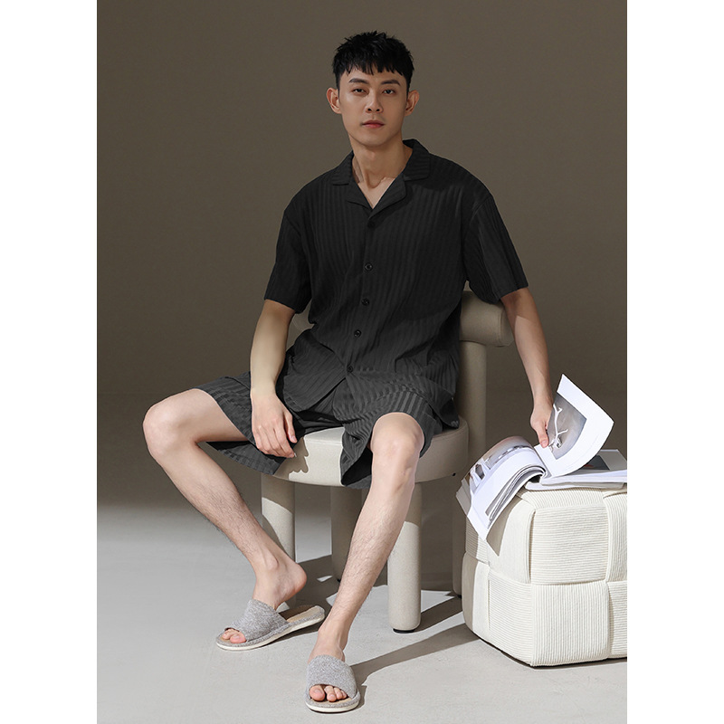 Pajamas Men's Pure Cotton Thin Short-sleeved Shorts Loose Casual Cardigan Lapel Outwear Striped Home Clothes Set
