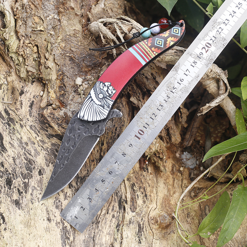 钢柄3D印度安人图案 户外防身折叠刀 高硬度随身战术野营求生刀