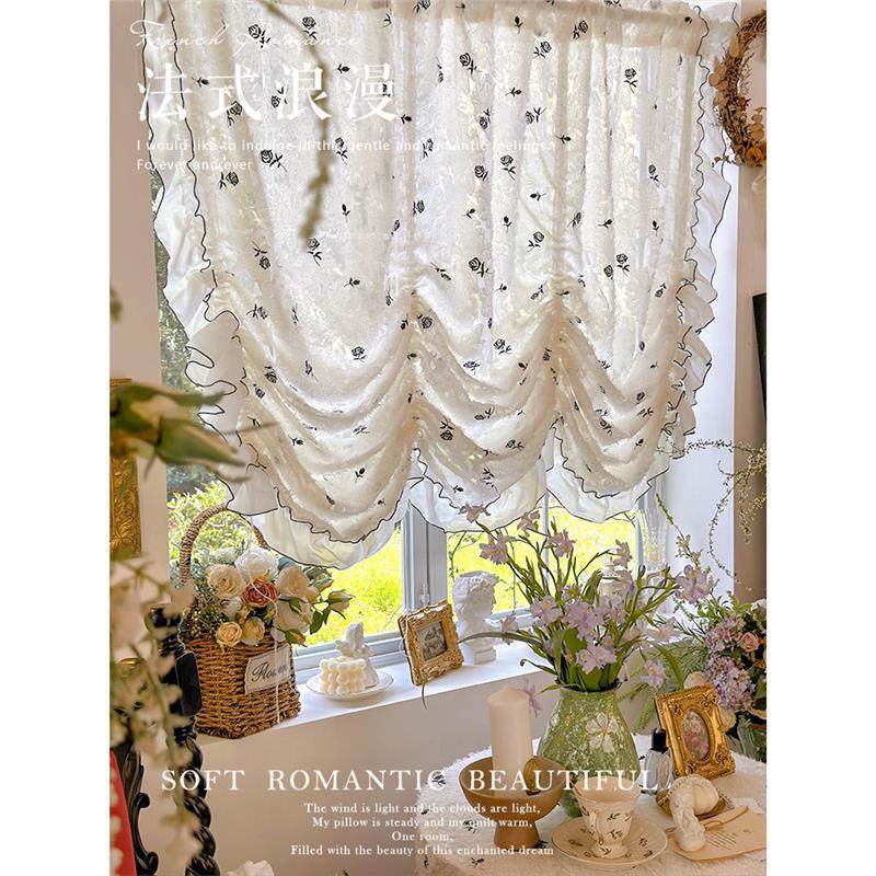 French-Style Vintage Rose Embroidery Pull-Up Curtain, Partition Half Curtain, Water Wave Curtain, Kitchen Door Curtain, Balloon Curtain, Arched Door Sheer Curtain French-Style Vintage Rose Embroidery Pull-Up Curtain, Partition Half Curtain, Water Wave Curtain, Kitchen Door Curtain, Balloon Curtain, Arched Door Sheer Curtain