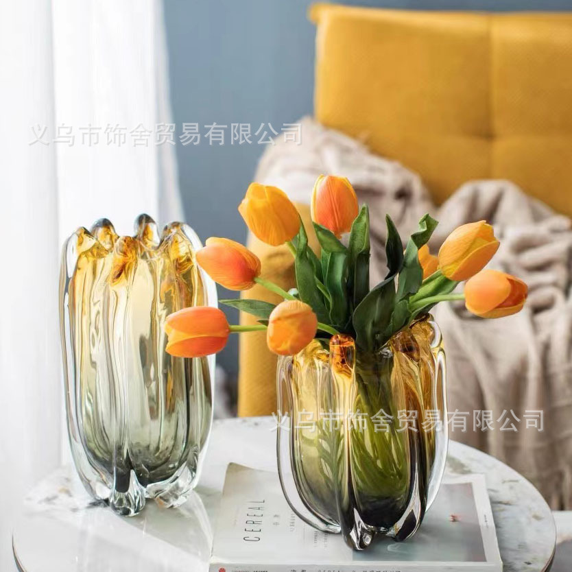 轻奢双色琉璃花瓶渐变色花瓶插花瓶客厅样板间花瓶摆设装饰