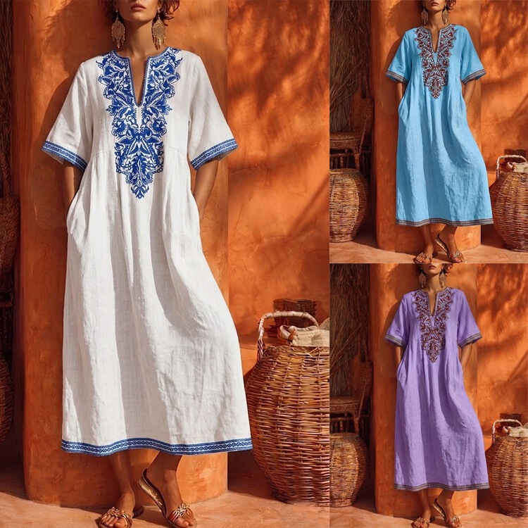 2026 Vintage V-Neck Women's Spring/Summer New Loose Casual Bohemian Floral Print Dress 2026 Vintage V-Neck Women's Spring/Summer New Loose Casual Bohemian Floral Print Dress