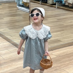 2024夏裝女童甜美氣質顯白蕾絲花邊領棉麻短袖公主連衣裙娃娃親