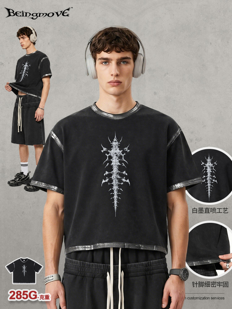 Calle secada| Marca de moda americana retro impresión callejera cuello redondo mangas cortas pesadas camiseta larga larga larga camiseta para hombre