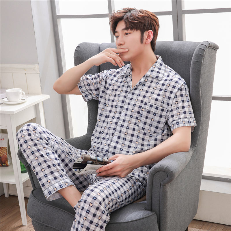 Pijamas de hombre Pijamas de manga corta de verano de algodón delgado para hombres jóvenes y de mediana edad sueltos de primavera y verano traje de desgaste para el hogar