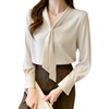 Autumn elegant colored shirt, sleeves, scarf, top, Korean style, V-neckline, long sleeve, oversize