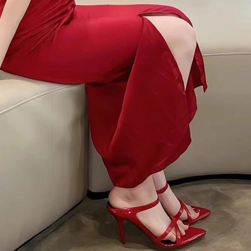 Elegant Lady High Heels - Pointed Toe Sexy High Heel Open-Toe Sandals with Exposed Red Leather Strap Sandals for Women - Slim Heel