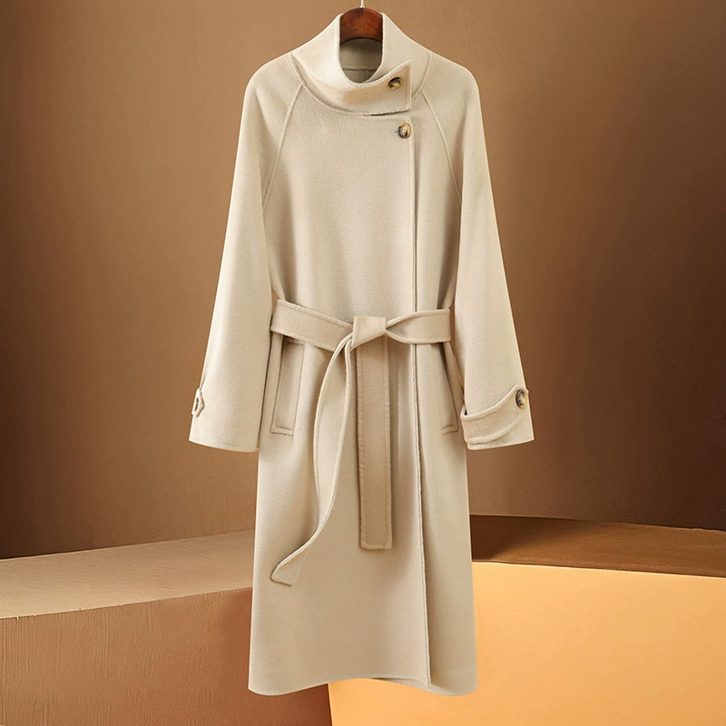 Осенний и зимний новый чистый шерстяной двухсторонний пальто женский воротник шнуровка шнуровка шерстяная куртка с тонким темпераментом кардиган