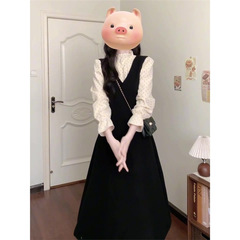 法式温柔风一整套黑色V领背带连衣裙女春季高级感波点衬衫两件套