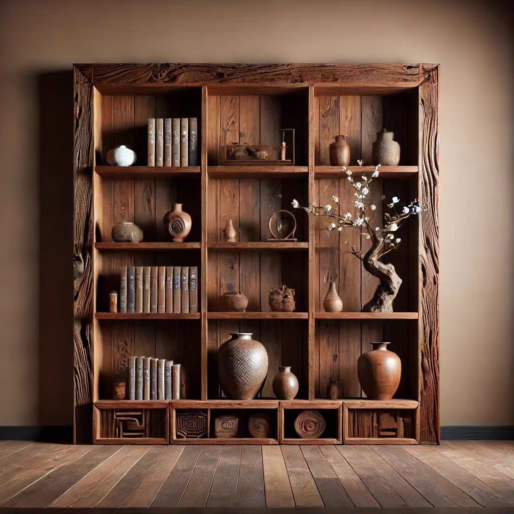 复古老榆木博古架侘寂风榆木实木展示架新中式家用多功能书架