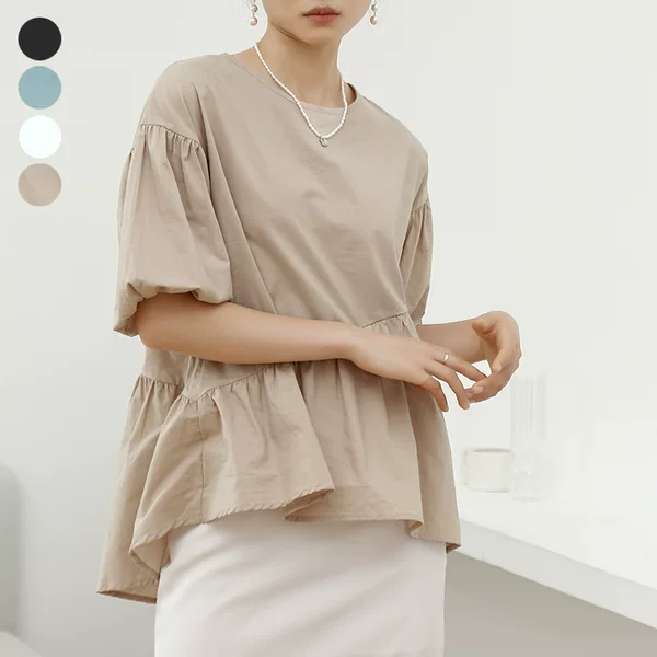 Amazon Aliexpress Japanese and Korean Summer Cotton Pullover Loose Shirt Top Women's Solid Color Short-Sleeved Babydoll Shirt