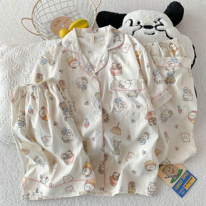 Verano nuevo estilo pijama mujer nube algodón 120g solapa cárdigan pantalones cortos de manga corta pantalones de tres piezas lindo servicio a domicilio