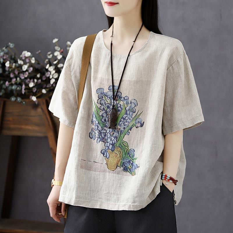 Cotton and Linen T-Shirt Women's Short-Sleeved 2023 Summer New Style Women's Tops Loose Retro Printed Large Size Women's T-Shirt Trendy