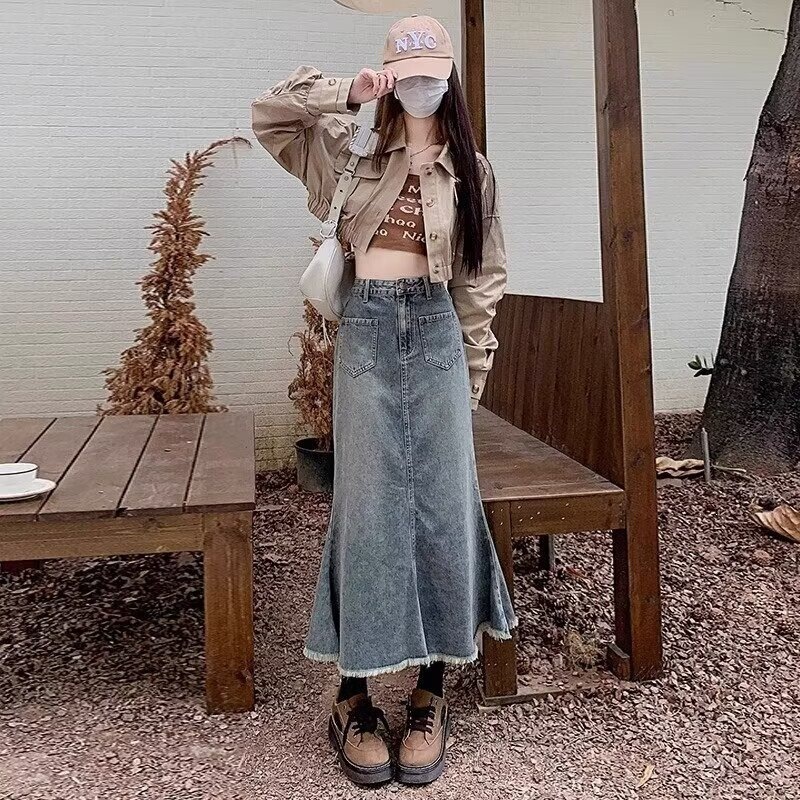 Denim Skirt for Women 2025 Spring and Summer New Style High-Waisted Slimming Casual Mid-Length Fishtail Denim Skirt