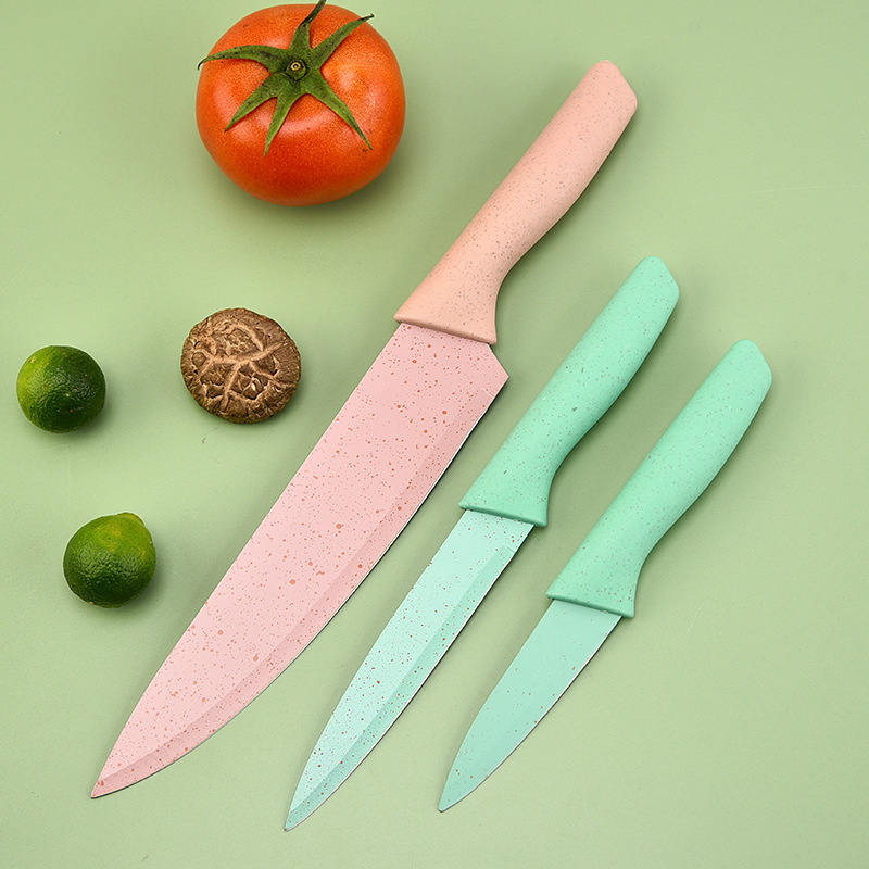 Paja de trigo pintada en pulverización de acero inoxidable doble cara succión con placa de cocina set cuchillo de cocina de piedra de arroz set cuchillo de cocina set de cuatro piezas