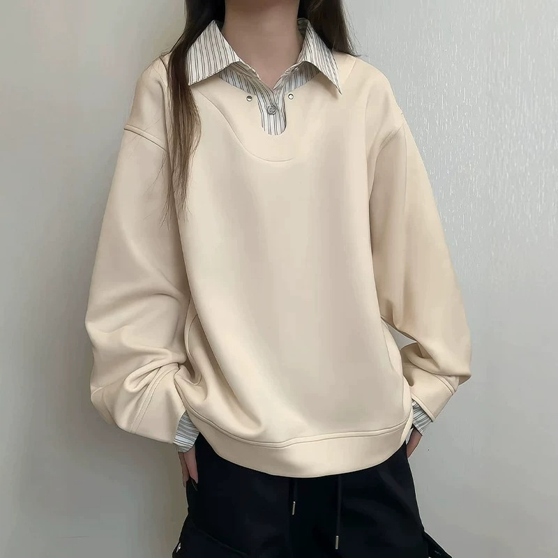2026 New Spring and Autumn Striped Patchwork Fake Two-Piece Long Sleeve 320g Chinese Cotton Sweatshirt for Men and Women, Stylish Wholesale 2026 New Spring and Autumn Striped Patchwork Fake Two-Piece Long Sleeve 320g Chinese Cotton Sweatshirt for Men and Women, Stylish Wholesale