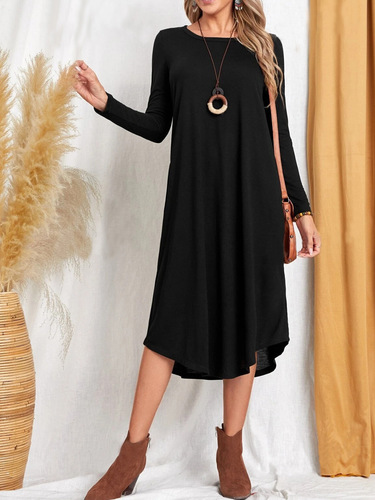 Amazon AliExpress Cross-border Foreign Trade 2025 Autumn/Winter Women's Hot Selling Long-length Curved Hem Round Neck Dress