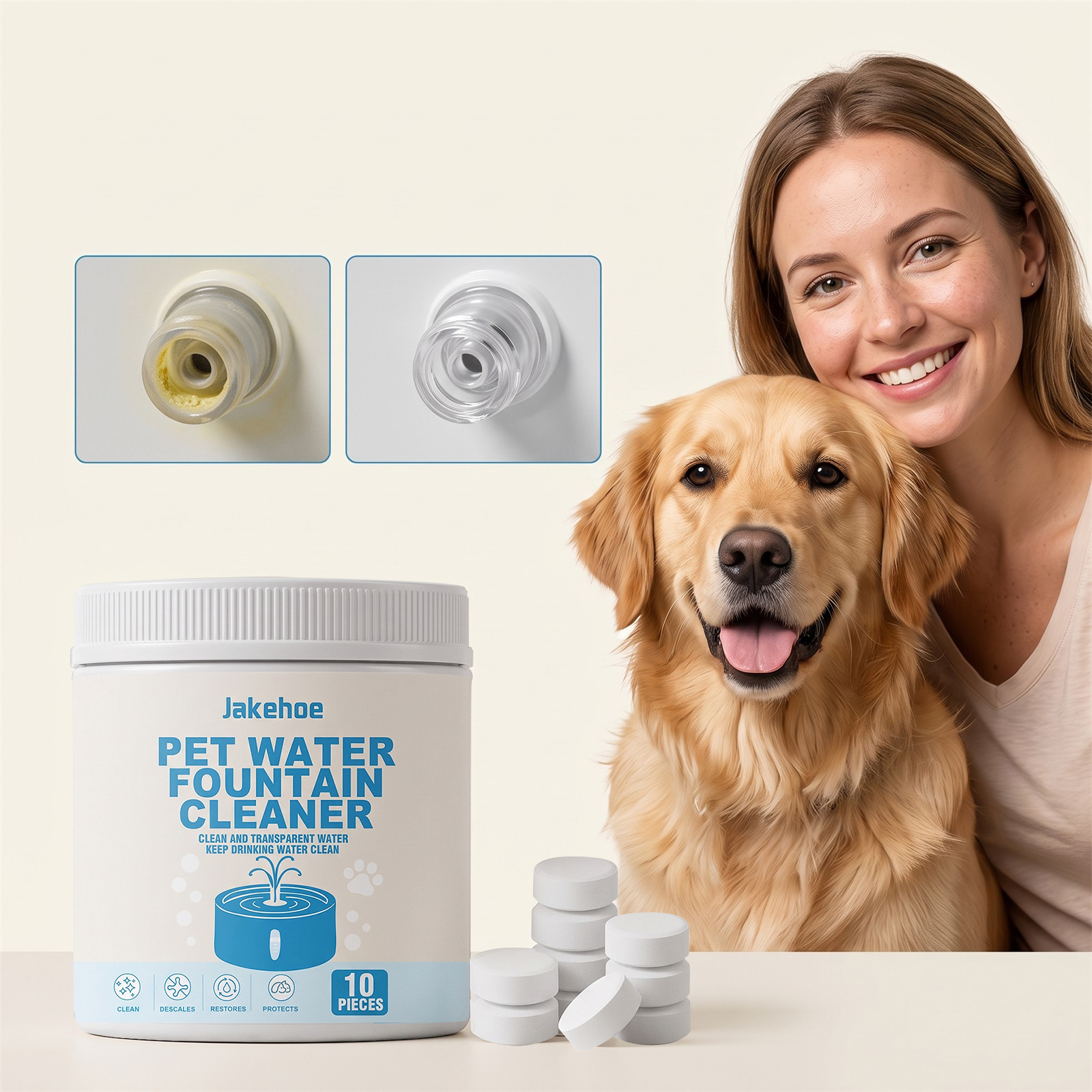 Jakehoe Pet Water Dispenser Cleaner, a Gentle Formula for Cleaning and Removing Stains from Household Cat and Dog Water Dispensers
