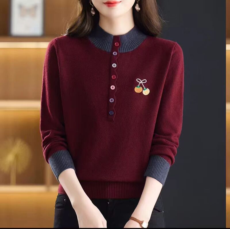 Cashmere Sweater for Women, New Autumn/Winter 26, Half-Turtleneck Base Layer, Thickened Knitwear, Loose Fit, Color-Blocking, Mom Style