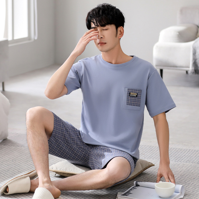 여름 스톨 쿨 코튼 남성용 파자마 부드러운 항균 쿨코튼 간단한 외주 짧은 소매 반바지 홈 의류 세트