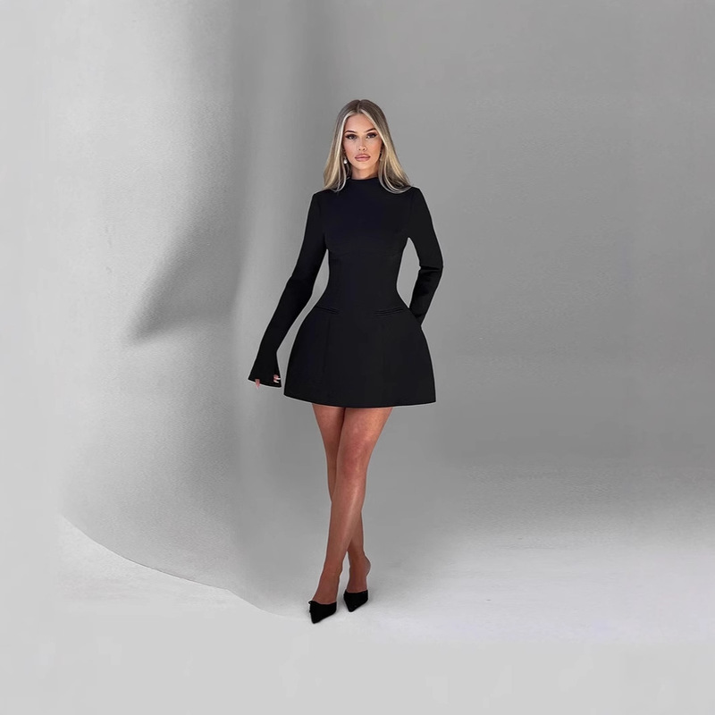 2024 winter new fashion simple stand collar zipper hollow waist micro sleeve design short dress women