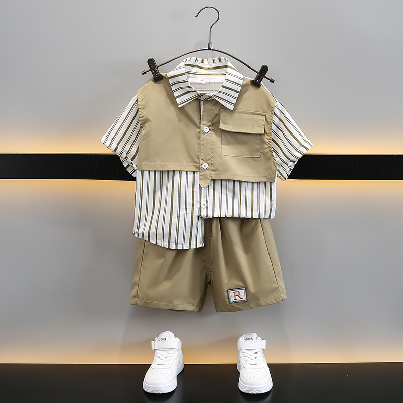 7307 ropa para niños traje de verano para niños 2025 nuevos niños coreanos de manga corta ropa de trabajo para niños de dos piezas de moda