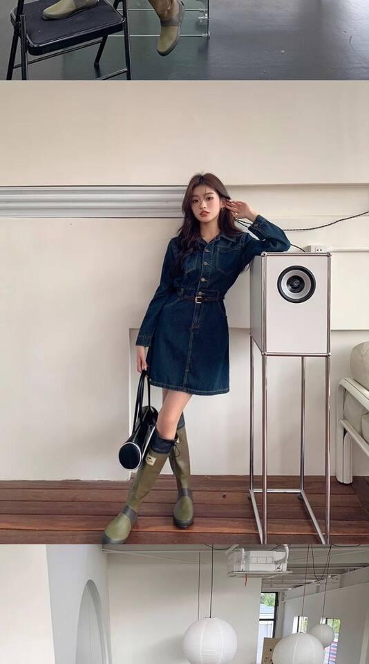 Đầm denim nữ dáng chữ A cổ polo tay dài chiết eo phong cách retro — Váy ngắn denim xanh chi tiết 13