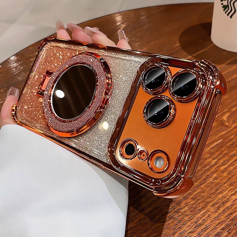Soporte de absorción de espejo de polvo flash para iPhone17PRO caso de teléfono 16 manzana 13 cuatro ángulos galvanizado a prueba de caídas