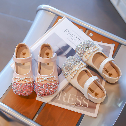 Princess Shoes for Girls, Children's Shoes New Spring and Autumn Stylish Soft Sole Girls' Leather Shoes with Waterpearls Baby Single Shoes