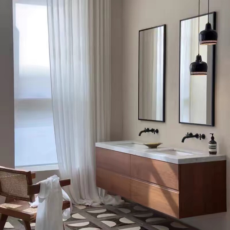 Designer Style Natural Wood Style Solid Cherry Wood Veneered Bathroom Cabinet with Natural Carrara White Integrated Basin