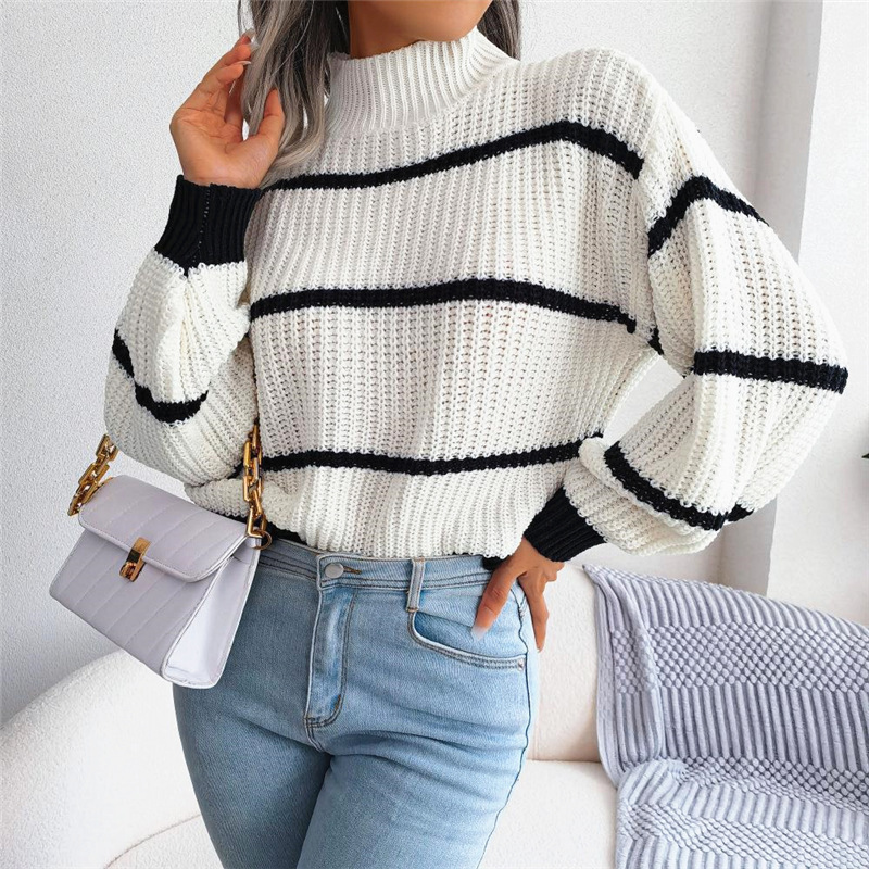 2024 New Knitwear Half-turtleneck Pullover Top European and American Sweater Women's Outer Wear Amazon Striped Contrast Fashion 2024 New Knitwear Half-turtleneck Pullover Top European and American Sweater Women's Outer Wear Amazon Striped Contrast Fashion