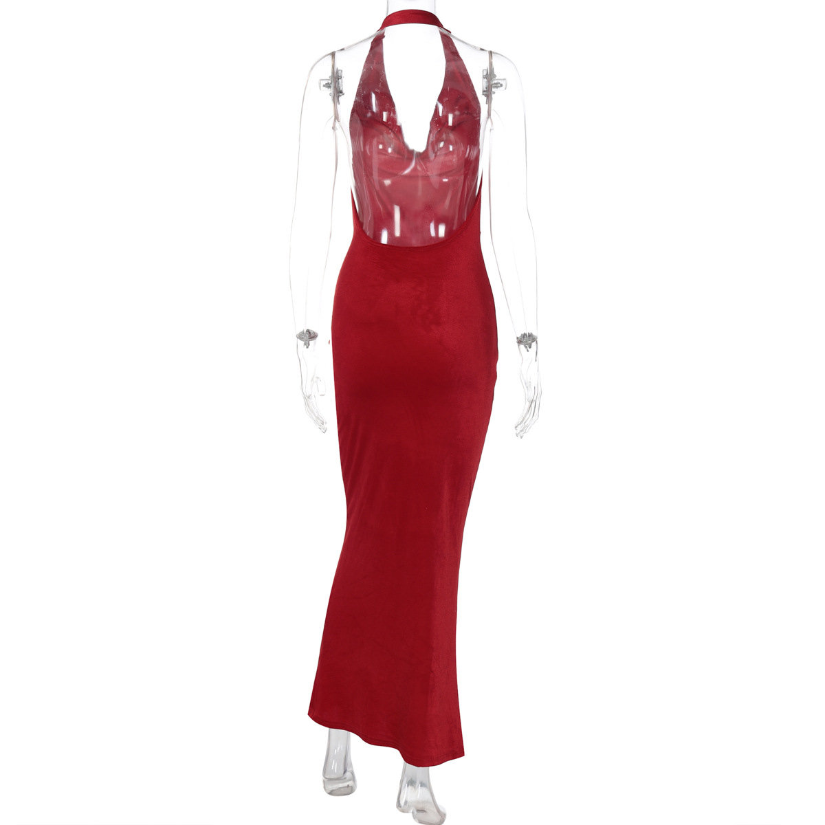 Women Clothing Summer Solid Color V neck Backless Slim Fit Halter Dress Women
