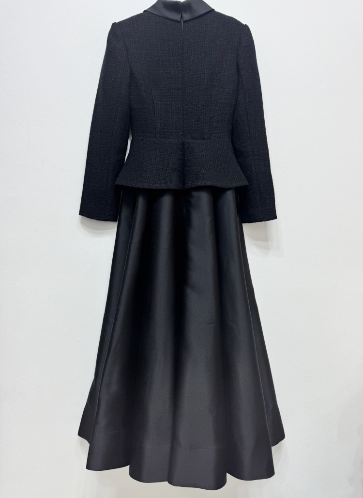 2025 Autumn Winter New Women's Black Tweed Patchwork Elegant Long Sleeve Small Stand Collar Dress Evening Gown_ecoleips.com