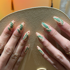 Simple, Fresh, Olive-Green Nail Tips with Branch Designs—Hot-Selling Cross-Border Fake Nails & Wearable Nails from Manufacturer